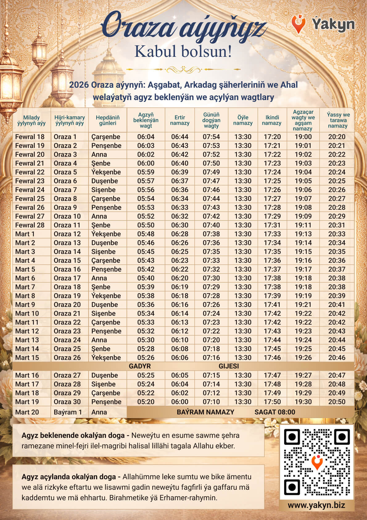 2026-nji ýylyň Türkmenistanda Oraza aýynda agyz beklenýän we açylýan wagtlary